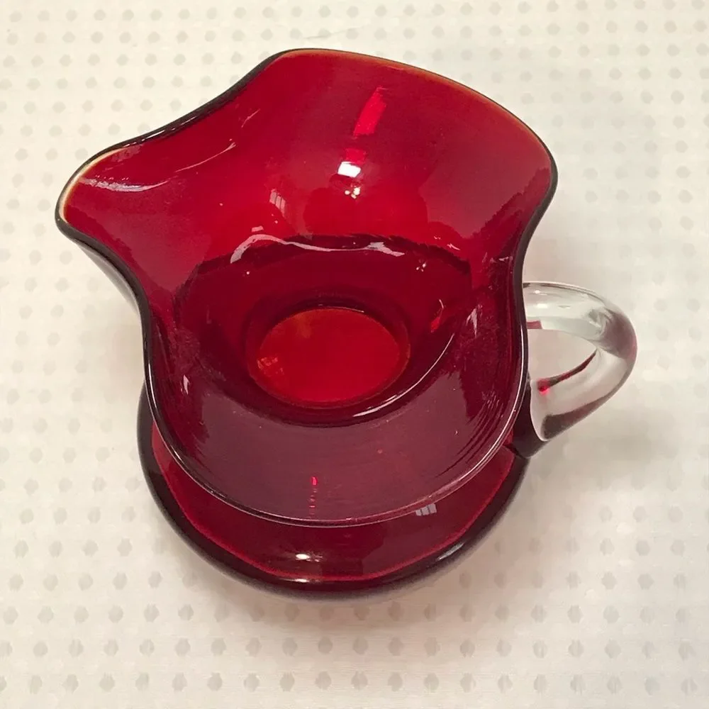 Hand Blown Ruby Red Art Glass Fluted Pitcher Clear Applied Handle 5.5 Inches